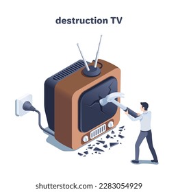 isometric vector illustration on a white background, a man in business clothes hits the screen of an old TV with a hammer, after which a crack and fragments form, destructionTV