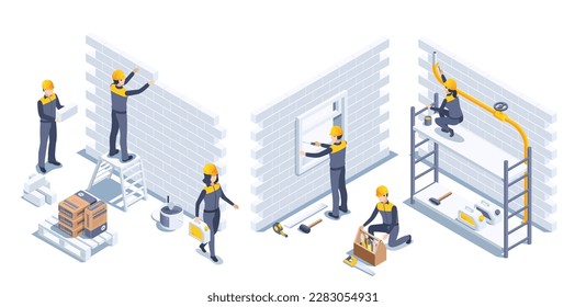 isometric vector illustration on a white background, people in overalls work at a construction site, external construction work