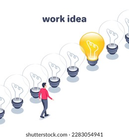 isometric vector illustration on a white background, a man in business clothes walks along a row of light bulbs, one of which glows, a working idea or a search for inspiration