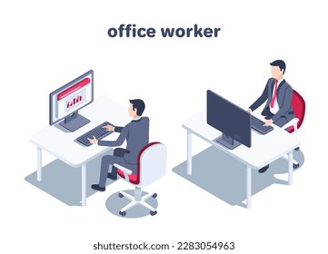 isometric vector illustration on a white background, a man in a business suit works at a computer sitting at an office table, an office worker