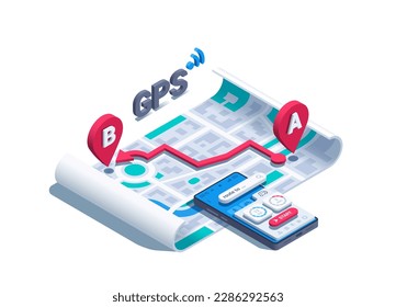 isometric vector illustration on a white background, city map and two location icons A and B and between them an arrow a next to a smartphone with a special application, geolocation or GPS