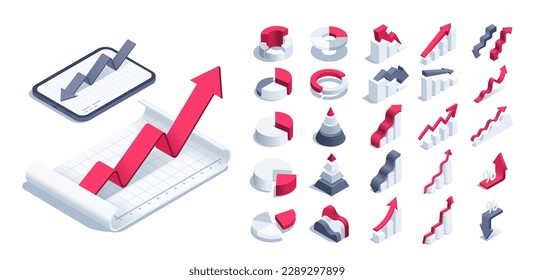 isometrische Vektorgrafik auf weißem Hintergrund, eine Reihe von Diagrammen und Pfeilen mit einem Blatt Papier und einem Tablett, Infografiken für die Gestaltung und Anzeige statistischer Daten