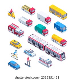 ilustración vectorial isométrica en un fondo blanco, un conjunto de transporte urbano, policía y ambulancia, así como un camión de bomberos y un taxi, un tren eléctrico y camiones con un autobús y una motocicleta