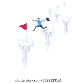 isometric vector illustration on a white background, a man in business clothes with a briefcase jumps over a cliff to a place marked with a flag, reaching the goal