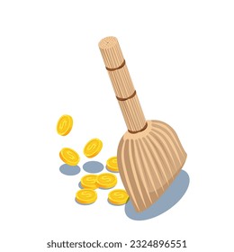 isometric vector illustration on a white background, a broom sweeps gold coins with a dollar sign, getting rid of money  or cleaning