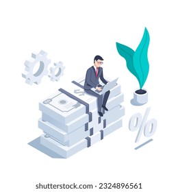 isometric vector illustration on a white background, a man in a business suit with a laptop on a high stack of dollar bills, make money or profitable business