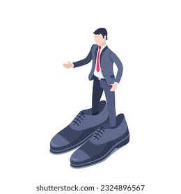 isometric vector illustration on a white background, a man in a business suit stands shod in giant shoes, shoes are not in size or too small for big business