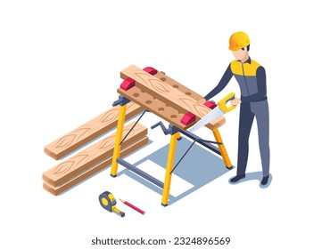 isometric vector illustration on a white background, a man in a construction uniform sawing a wooden board at a workbench, working with wood