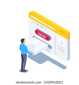 isometrische Vektorgrafik auf weißem Hintergrund, ein Mann legt einen Umschlag in das Fenster des E-Mail-Programms und einen roten Knopf mit der Inschrift, dem E-Mail-Manager oder dem Postkasten.