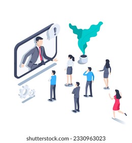 isometric vector illustration on a white background, a man in a business suit on a tablet screen is holding an online conference in front of a group of people, video conference on the internet