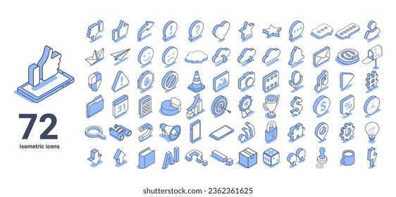 isometric vector illustration on a white background, a large set of icons on the theme of social networks and business, text bubbles with likes and emoticons