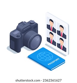 isometric vector illustration on white background, camera and passport photo