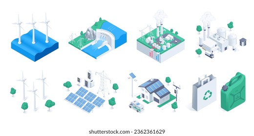 isometric vector illustration on a white background, set on the theme of environmentally friendly energy based on solar and wind energy, as well as thermal and water