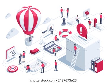 isometric vector illustration on white background, successful work, women and men in business clothes near the big chart, a man with a spyglass on a hot air balloon