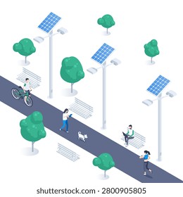 isometric vector illustration on white background, lamppost with solar battery  in the park, people with gadgets rest in nature, green energy