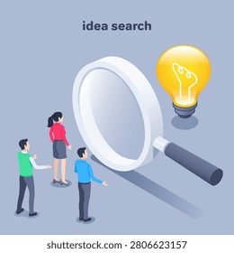 isometric vector illustration on a white background, people look through a magnifying glass at a glowing light bulb, idea search