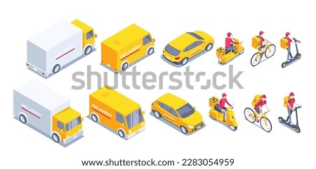 isometric vector illustration on white background, delivery transport set, cars and scooters and bike, city delivery service