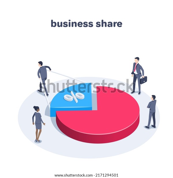 isometric vector\
illustration on a white background, people in business clothes\
stand near a pie chart and a man pulling a piece of chat with a\
percentage, business\
share