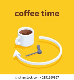 ilustración vectorial isométrica sobre fondo amarillo, taza de café y mano de reloj, tiempo de descanso o café