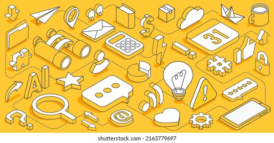 isometric vector illustration on a yellow background, a set of linear icons in the form of a composition for a banner, social networks or business - Shutterstock ID 2163779697