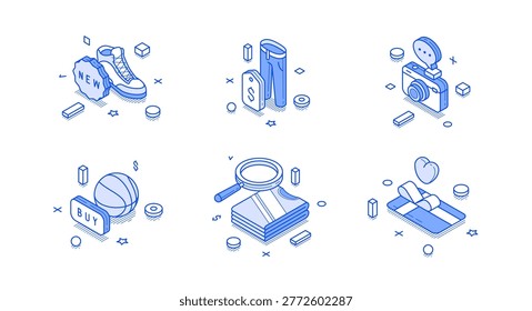 Isometric vector illustration of online shopping and retail concepts. Icons for e-commerce, fashion, and consumer goods. Blue line art for web stores, marketing, and sale promotion designs