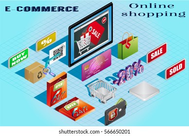 Isometric vector illustration Online shopping e-commerce concept set with labels and banners: payment options, 24 hours open, delivery, sale and other