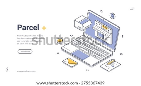 Isometric vector illustration of online shopping and e-commerce. Concept for internet store and parcel delivery. Modern outline banner and web page template for digital retail business