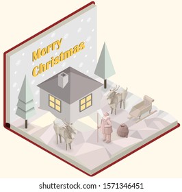 Isometric vector illustration of an open book with snowflakes and yellow Merry Christmas writing on one side and a house, trees, deer and the father frost paper geometric figure standing on the other 