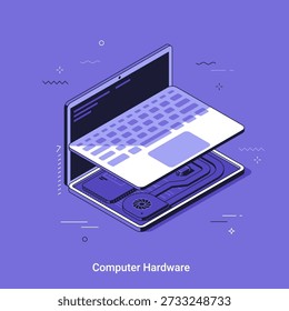 Ilustración vectorial isométrica con portátil abierto con hardware de ordenador interno visible. Componente de dispositivo técnico, placa de circuito, ventilador para mantenimiento, concepto de reparación.