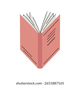 Ilustração vetorial isométrica de um livro de capa dura aberto cor-de-rosa com páginas com linhas e detalhamento mínimo, design plano sobre fundo branco