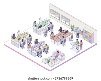 Isometric vector illustration of open space office interior. Corporate coworking scene with employees, workstations, meeting zone, and lounge for business web banner.
