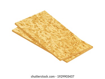 Isometric vector illustration OSB boards from wood chips isolated on white background. Realistic wooden building materials vector icon in flat cartoon style. Stack of wooden boards for construction.