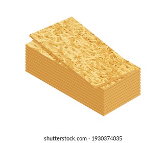 Isometric vector illustration OSB boards from wood chips isolated on white background. Realistic wooden building materials vector icon in flat cartoon style. Stack of wooden boards for construction.