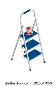 Isometric vector illustration paint bucket and brush on stepladder with wide steps isolated on white background. Realistic colorful step ladder icon in flat cartoon style. Renovation, reconstruction