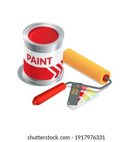 Isometric vector illustration paint bucket, paint roller and color palette guide isolated on white background. Realistic paint can and brush icon in flat cartoon style. Renovation and reconstruction.