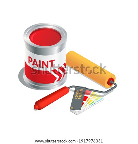 Isometric vector illustration paint bucket, paint roller and color palette guide isolated on white background. Realistic paint can and brush icon in flat cartoon style. Renovation and reconstruction.