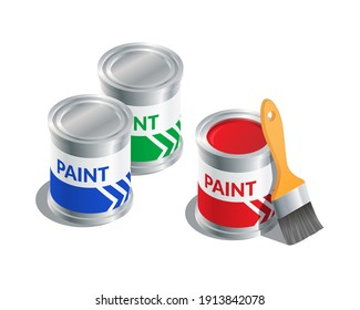 Isometric vectorial ilustración pinta cubos y pincel aislados en fondo blanco. Cañones de pintura realistas e icono de pincel al estilo de dibujos animados planos. Pintura, renovación y reconstrucción.