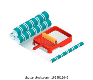Isometric vector illustration paint roller, paint tray and wallpaper rolls isolated on white background. Realistic colorful wallpaper sticking icon in flat cartoon style. Renovation and reconstruction