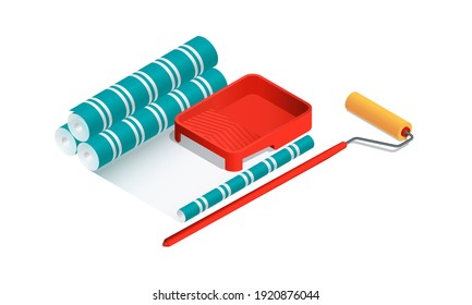 Isometric vector illustration paint roller, paint tray and wallpaper rolls isolated on white background. Realistic colorful wallpaper sticking icon in flat cartoon style. Renovation and reconstruction