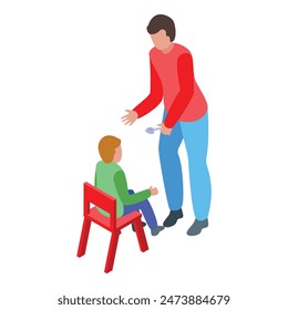 Isometric vector illustration of parent feeding child at mealtime. Showcasing the nurturing caregiver duties of parenting in a modern. Colorful and simplistic flat design artwork