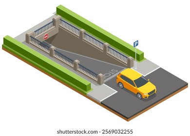 Isometric vector illustration of a parking ramp leading to an underground parking facility, surrounded by green landscaping and clear signage for navigation