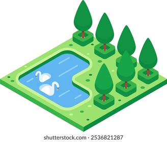Isometric vector illustration of a peaceful park with two swans swimming in a pond surrounded by trees