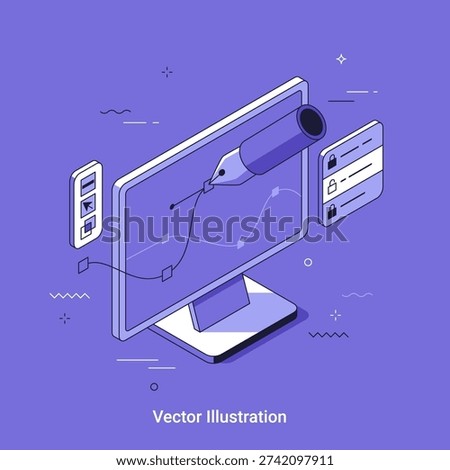 Isometric vector illustration with Pen tool drawing spline curve on monitor. Digital drawing and graphic design tools concept for creative artist.