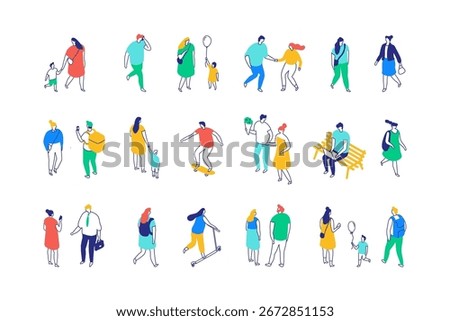 Isometric vector illustration of people in everyday city life. Families, couples, kids and individuals walking, relaxing, skateboarding, spending leisure time outdoors.
