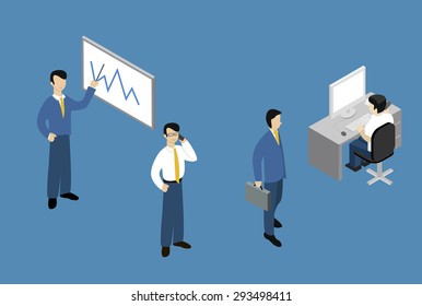 Isometric Vector Illustration. People Isometric Isometric Works. Working sitting at their desks, with their laptop. Isometric perspective. Infographics.Stick Figure 