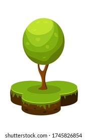 Isometric vector illustration of a piece of land and a green tree. Cartoon infographic soil and tree in a simple style.