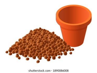 Isometric vector illustration pile of expanded clay aggregate and flower pot isolated on white background. Realistic pile of expanded clay drainage and plant pot vector icon in flat cartoon style.