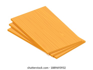 Isometric vector illustration pile of plywood sheets isolated on white background. Realistic wooden building materials vector icon in flat cartoon style. Stack of wooden boards for construction.