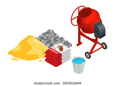 Isometric vector illustration pile of sand, pile of gravel, bags of cement, bucket of water and concrete mixer isolated on white background. Construction and building materials vector icons.