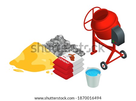 Isometric vector illustration pile of sand, pile of gravel, bags of cement, bucket of water and concrete mixer isolated on white background. Construction and building materials vector icons.